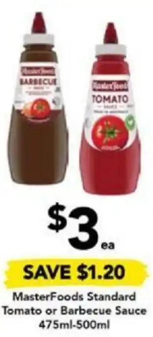 Drakes MasterFoods Standard Tomato or Barbecue Sauce 475ml-500ml offer