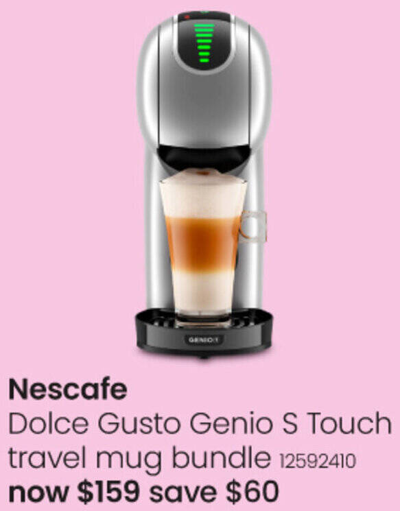 Nescafe Dolce Gusto Genio S Touch travel mug bundle offer at Myer