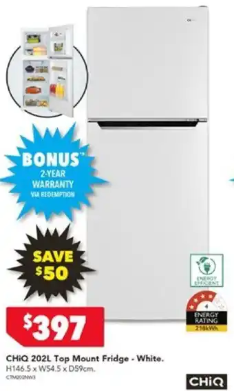 Harvey Norman CHIQ 202L Top Mount Fridge - White offer