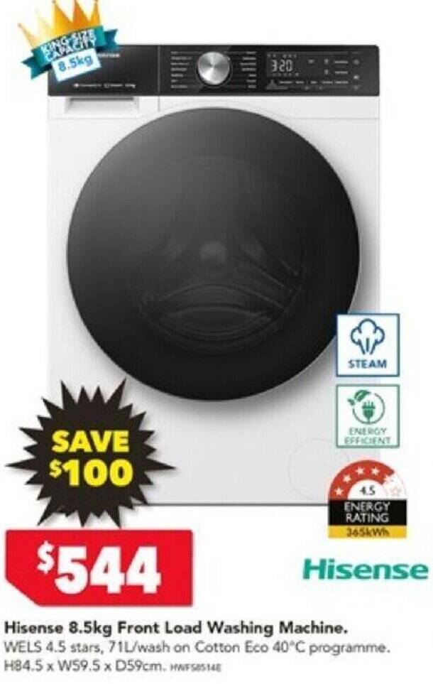 Hisense 8.5kg Front Load Washing Machine offer at Harvey Norman