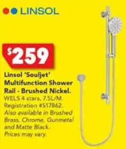 Harvey Norman Linsol 'Souljet' Multifunction Shower Rail - Brushed Nickel offer