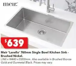 Harvey Norman Meir 'Lavello' 760mm Single Bowl Kitchen Sink - Brushed Nickel offer