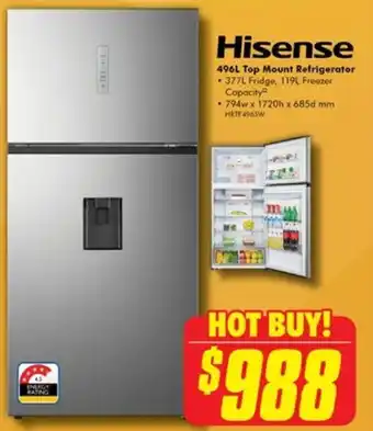 The Good Guys Hisense 496L Top Mount Refrigerator offer