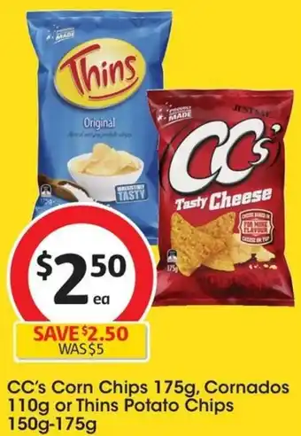 Coles CC's Corn Chips 175g, Cornados 110g or Thins Potato Chips 150g-175g offer