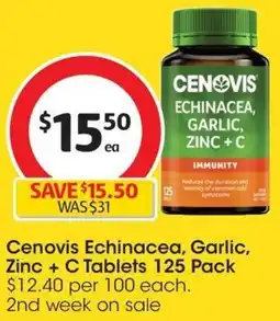 Coles Cenovis Echinacea, Garlic, Zinc + C Tablets 125 Pack offer