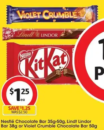 Coles Nestlé Chocolate Bar 35g-50g, Lindt Lindor Bar 38g or Violet Crumble Chocolate Bar 50g offer