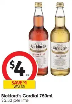 Coles Bickford's Cordial 750mL offer