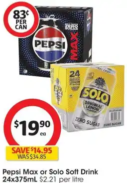 Coles Pepsi Max or Solo Soft Drink 24x375mL offer