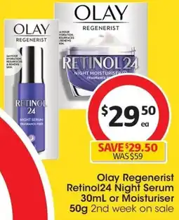 Coles Olay Regenerist Retinol24 Night Serum 30mL or Moisturiser 50g offer