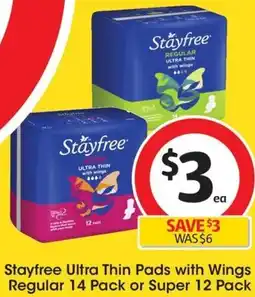 Coles Stayfree Ultra Thin Pads with Wings Regular 14 Pack or Super 12 Pack offer