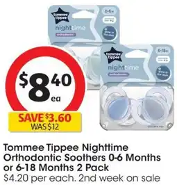Coles Tommee Tippee Nighttime Orthodontic Soothers 0-6 Months or 6-18 Months 2 Pack offer