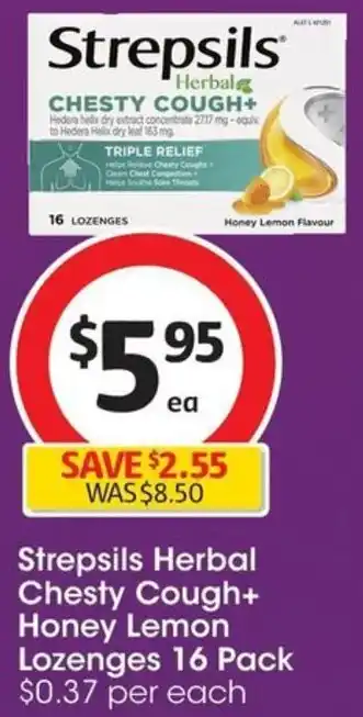 Coles Strepsils Herbal Chesty Cough+ Honey Lemon Lozenges 16 Pack offer