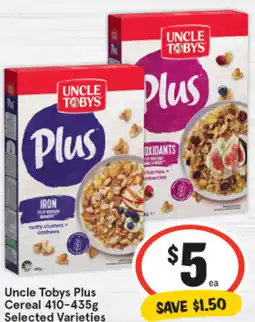 IGA Uncle Tobys Plus Cereal 410-435g offer