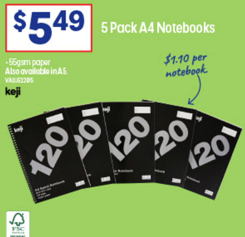 5 Pack A4 Notebooks offer at Officeworks