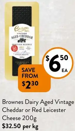 Foodworks Brownes Dairy Aged Vintage Cheddar or Red Leicester Cheese 200g offer
