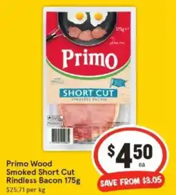 IGA Primo Wood Smoked Short Cut Rindless Bacon 175g offer