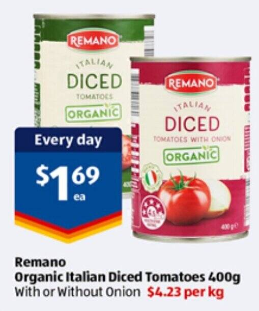 Remano Organic Italian Diced Tomatoes 400g offer at ALDI