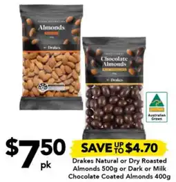 Drakes Drakes Natural or Dry Roasted Almonds 500g or Dark or Milk Chocolate Coated Almonds 400g offer