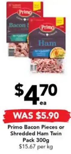 Drakes Primo Bacon Pieces or Shredded Ham Twin Pack 300g offer
