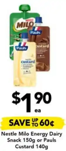 Drakes Nestle Milo Energy Dairy Snack 150g or Pauls Custard 140g offer