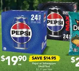 Drakes Pepsi or Schweppes 24x375ml offer