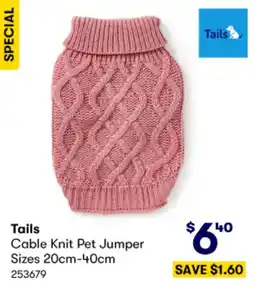 BIG W Tails Cable Knit Pet Jumper Sizes 20cm-40cm offer