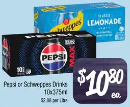 Farmer Jack's Pepsi or Schweppes Drinks 10x375ml offer