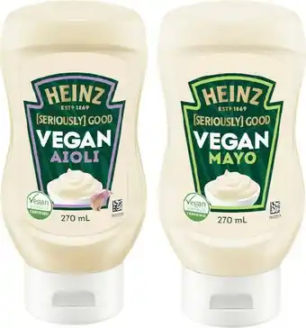 Woolworths Heinz Seriously Good Vegan Mayo or Vegan Aioli 270ml offer