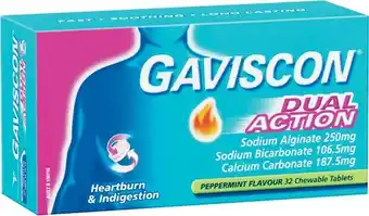Woolworths Gaviscon Dual Action Heartburn & Indigestion Chewable Tablets Pk 32^ offer
