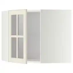 Metod Corner wall cab w shelves/glass dr, white/bodbyn off-white, 68x37x60 cm