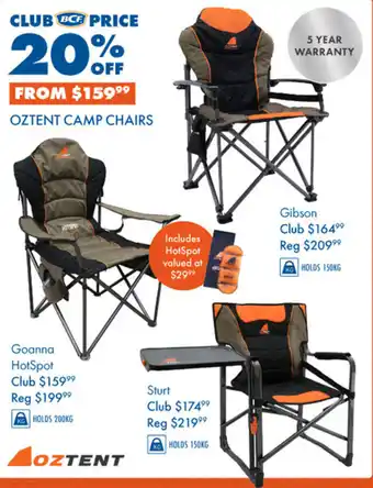 BCF OZTENT CAMP CHAIRS offer