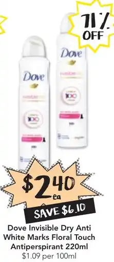 Drakes Dove Invisible Dry Anti White Marks Floral Touch Antiperspirant 220ml offer