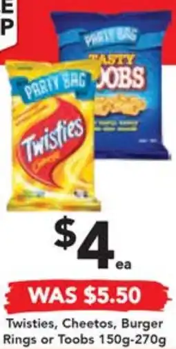 Drakes Twisties, Cheetos, Burger Rings or Toobs 150g-270g offer