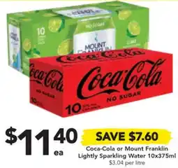 Drakes Coca-Cola or Mount Franklin Lightly Sparkling Water 10x375ml offer