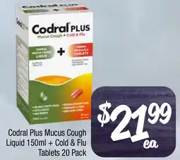 Farmer Jack's Codral Plus Mucus Cough Liquid 150ml + Cold & Flu Tablets 20 Pack offer