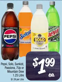 Farmer Jack's Pepsi, Solo, Sunkist, Passiona, 7Up or Mountain Dew 1.25 Litre offer