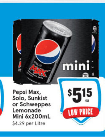 IGA Pepsi Max, Solo, Sunkist or Schweppes Lemonade Mini 6x200mL offer