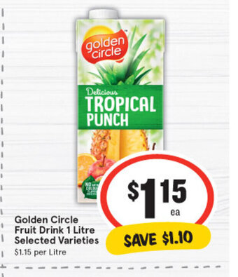 IGA Golden Circle Fruit Drink 1 Litre Selected Varieties offer