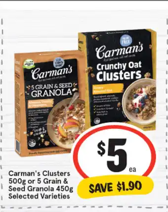 IGA Carman's Clusters 500g or 5 Grain & Seed Granola 450g Selected Varieties offer