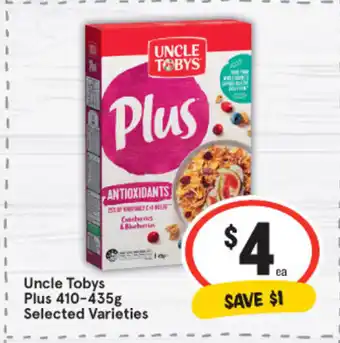 IGA Uncle Tobys Plus 410-135g Selected Varieties offer