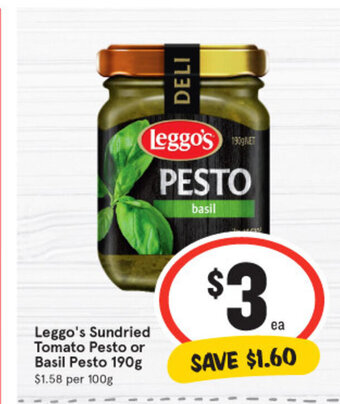 IGA Leggo's Sundried Tomato Pesto or Basil Pesto 190g offer