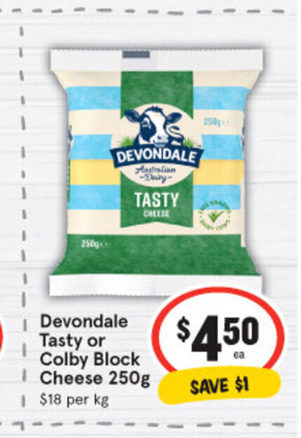 IGA Devondale Tasty or Colby Block Cheese 250g offer