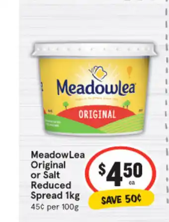 IGA Meadow Lea Original or Salt Reduced Spread 1kg offer