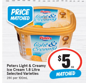 IGA Peters Light & Creamy Ice Cream 1.8 Litre Selected Varieties offer