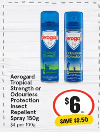 IGA Aerogard Tropical Strength or Odourless Protection Insect Repellent Spray 150g offer
