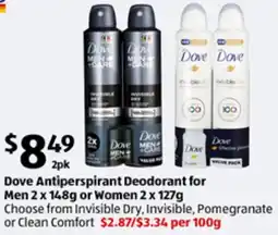ALDI Dove Antiperspirant Deodorant for Men 2 x 148g or Women 2 x 127g offer