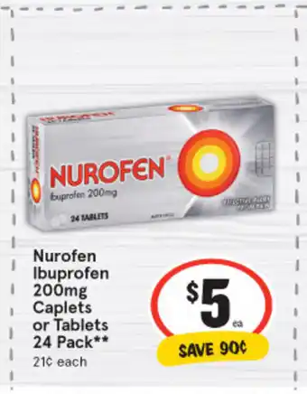 IGA Nurofen Ibuprofen 200mg Caplets or Tablets 24 Pack offer
