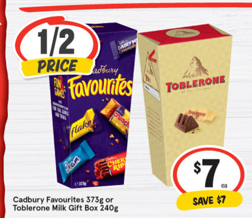 Cadbury Favourites 373g or Toblerone Milk Gift Box 240g offer at IGA