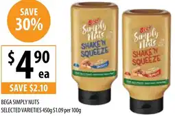 Supabarn BEGA SIMPLY NUTS SELECTED VARIETIES 450g $1.09 per 100g offer