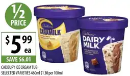 Supabarn CADBURY ICE CREAM TUB SELECTED VARIETIES 460ml $1.30 per 100ml offer